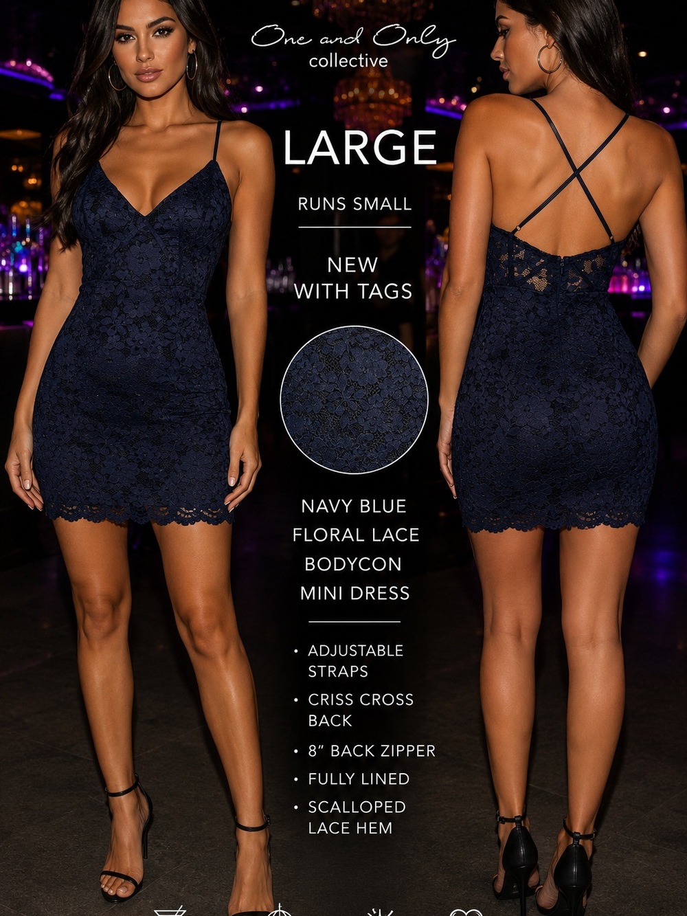 One and Only Collective dress tag size LG RUNS SMALL blue Lace Bodycon Mini new